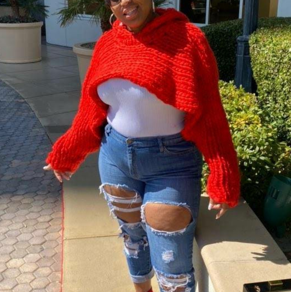 Red Crop Knit Hoodie Sweater